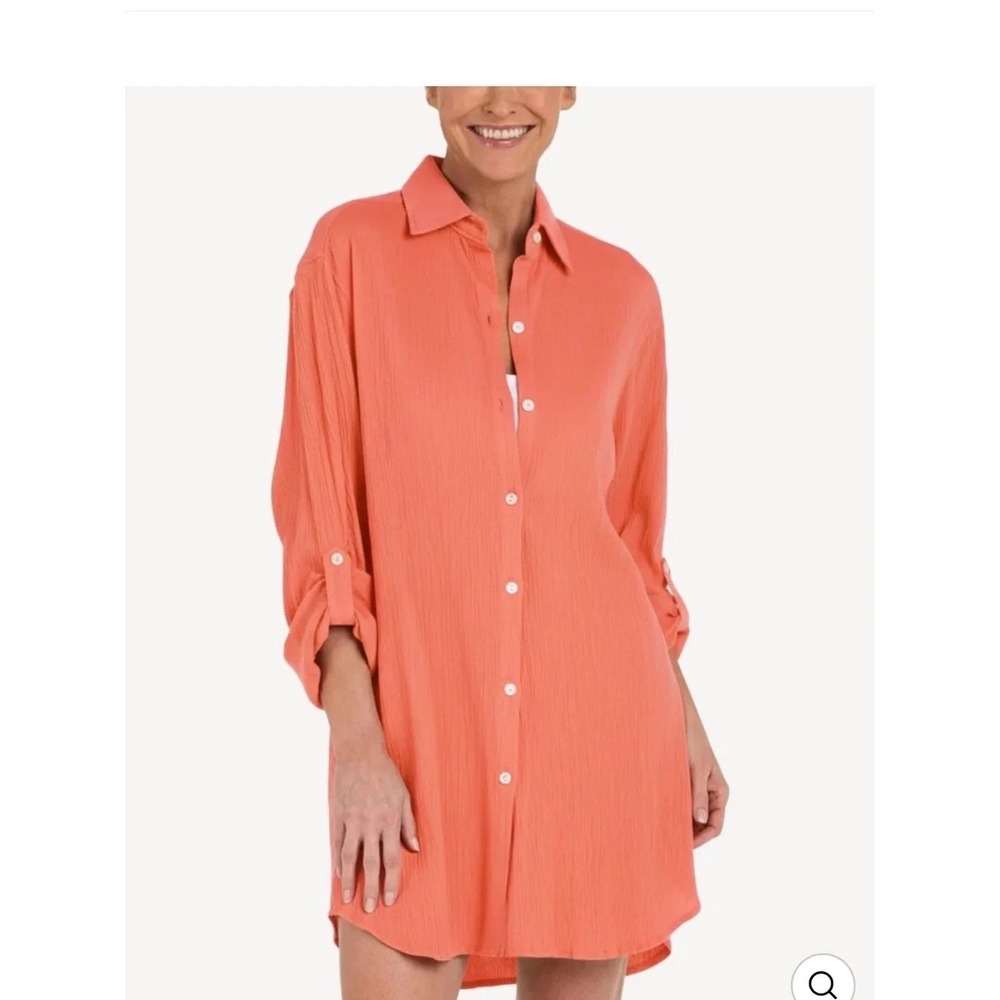 Maxine of Hollywood Womens L Coral Button Down Resort Shirt Swim Cover-up NEW